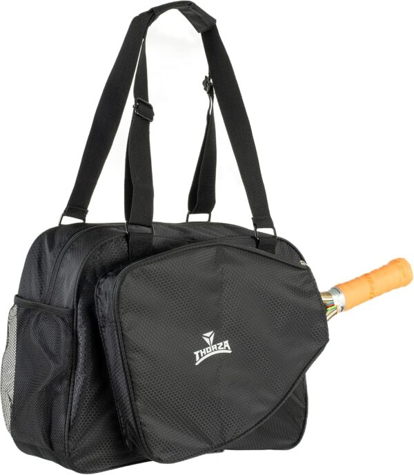 Thorza Pickleball Bag with Front Paddle Pocket, Large Mesh Pockets for Water Bottles and Gear, Storage for Clothes and Sports Equipment, Long Shoulder Sling, Classic Black, Men and Women