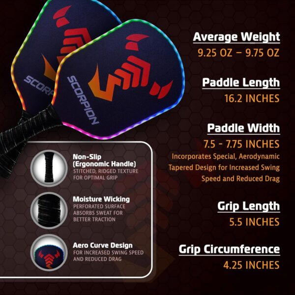 SCORPION LED Pickleball Paddles Set of 2 or 1 – Lightweight Rackets with LED Edge Lighting | Carbon Fiber/Fiberglass/Wood Face | Durable Paddles for Women, Men, and Kids | Includes Bonus Accessories