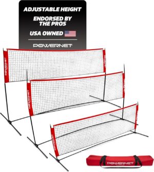 PowerNet Portable Badminton Net for Beach, Backyard, Driveway or Gym, Indoor Outdoor Tennis, Badminton, Pickleball Net, 10ft Wide x 3ft to 5ft Adjustable Height