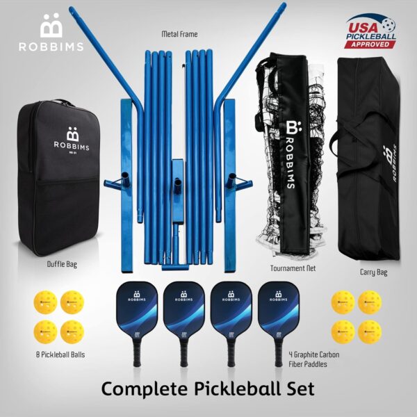 Portable Pickleball Set with Net | 4 USAPA Approved Graphite Paddles, Duffle Bag, Regulation Size Pickleball Net System, Assembly Manual, 8 Outdoor Balls and Carry Bag