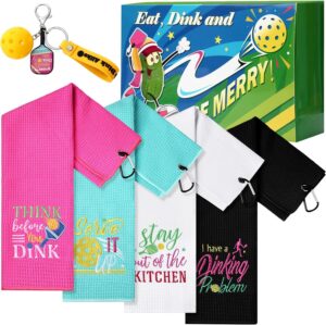 4 Pcs Funny Dink Ball Towels 16 x 24 in Microfiber Cotton Athletic Towels with Dinkball Keychains Gift Set for Women Men Embroidered Waffle Dinkball Sports Towel Gift Box for Dinkball Lovers