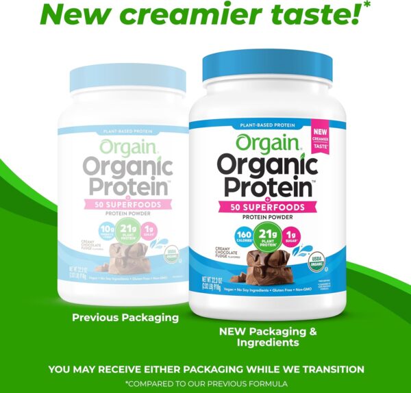 Orgain Organic Vegan Protein + 50 Superfoods Powder, Creamy Chocolate Fudge - 21g Plant Based Protein, 9g Prebiotic Fiber, No Lactose, Gluten Free, No Added Sugar, 2.02 lb (Packaging May Vary)