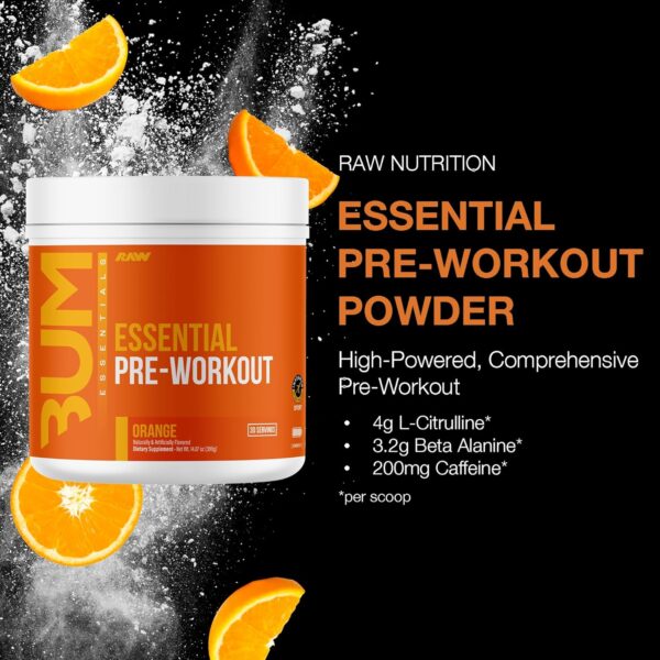 RAW Essential Pre-Workout Powder (Orange) - Chris Bumstead Sports Nutrition Supplement for Men & Women - Preworkout Energy Powder with Caffeine, L-Citrulline, L-Tyrosine, & Beta Alanine Blend