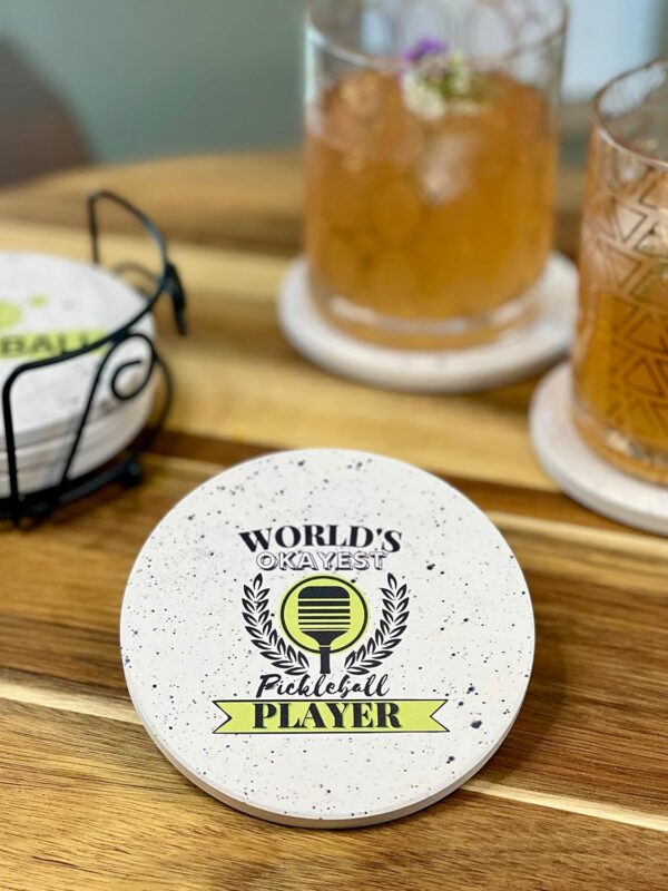 81385NtHcdL._AC_SL1500_.jpg Pickleball Gifts for Women and Men - Appreciation Gifts - Absorbent Ceramic Coasters 6pc - Metal Holder & Cylinder Kraft Gift Box Included