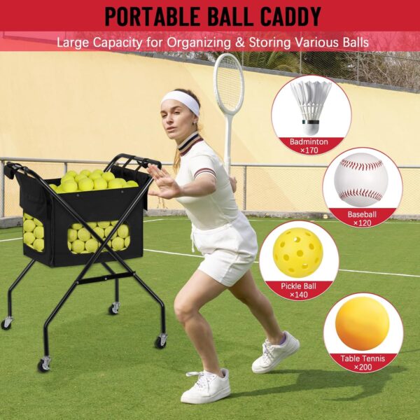 Pickleball Tennis Ball Hopper Tennis Basket Foldable Pickleball Ball Holder Caddy with Wheels Removable Bag Portable Tennis Ball Picker Cart Holds 170 Tennis Balls or 140 Pickleballs