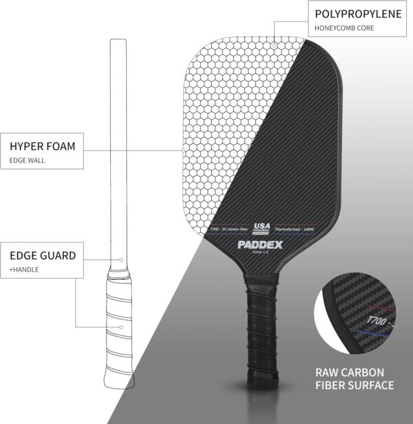 T700 Carbon Fiber Pickleball Paddle – 16mm Polypropylene Honeycomb Core, Thermoformed Foam Injected Walls, Teflon-Textured Surface for High Spin, USAPA Pending Approval, Includes Paddle Cover