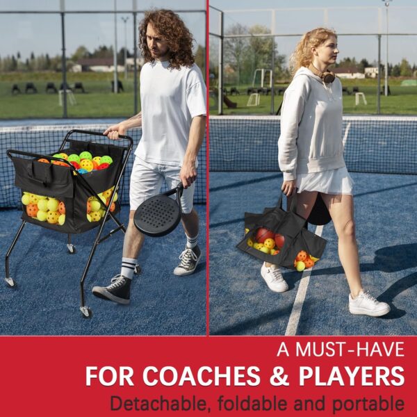 Pickleball Tennis Ball Hopper Tennis Basket Foldable Pickleball Ball Holder Caddy with Wheels Removable Bag Portable Tennis Ball Picker Cart Holds 170 Tennis Balls or 140 Pickleballs