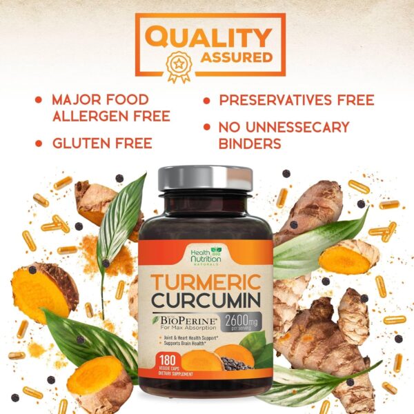 Turmeric Curcumin Supplement 2600mg with Black Pepper Extract 95% Curcuminoids - High Absorption Ultra Potent Turmeric Capsules with BioPerine, Nature's Tumeric Pills for Joint Support - 180 Capsules