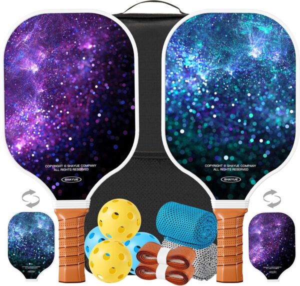 Pickleball Paddles Set of 2 Super Value Set with 2 Pickleball Fiberglass Rackets 4 Balls 2 Pickleball Grip Tapes 2 Sports Towels 1 Pickleball Bag Outdoor Gift for Beginners Family Friends…