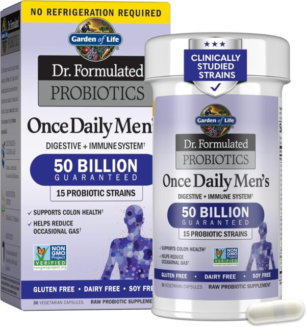 Garden of Life Probiotics for Men Dr Formulated 50 Billion CFU 15 Probiotics for Digestive Health + Organic Prebiotic Fiber for Colon & Immune Support, Daily Gas Relief, Shelf Stable, 30 Capsules