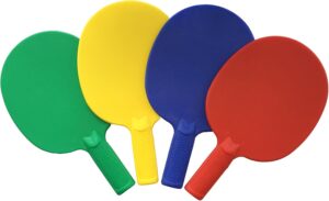 Plastic Ping Pong Paddles - Complete Set of 4 Durable Multi-Color, Blue, Red, Green, Yellow Paddles for Kids or Outdoor Tables at Camp, Vacation, Rec Centers. Textured for Easy Grip and Light Spin.