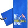 ERHACHAIJIA Eat Sleep Pickleball Repeat Embroidered Pickleball Sports Towel with Clip. Funny Pickleball Gifts for Men Women Pickleball Lover, Birthday Retirement Mother's Day