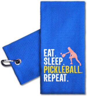 ERHACHAIJIA Eat Sleep Pickleball Repeat Embroidered Pickleball Sports Towel with Clip. Funny Pickleball Gifts for Men Women Pickleball Lover, Birthday Retirement Mother's Day