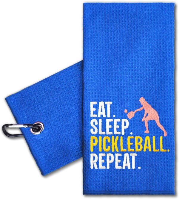 ERHACHAIJIA Eat Sleep Pickleball Repeat Embroidered Pickleball Sports Towel with Clip. Funny Pickleball Gifts for Men Women Pickleball Lover, Birthday Retirement Mother's Day