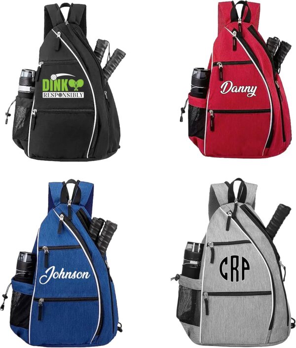 Personalized Pickleball Sling Bag Custom Paddle Backpack with Name or Logo Lightweight Durable Sports Gear Bag for Men Women Adjustable Strap Water Bottle Pocket Fence Hook Storage