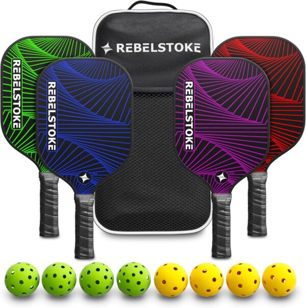 Fiberglass Pickleball Paddles Set of 4 with bag - Pickleball Racket for Adults Comfort Grip, Indoor Outdoor Pickle Ball Kit, Pro Beginner Gear for Training, Pickle Ball Paddle for Women Men