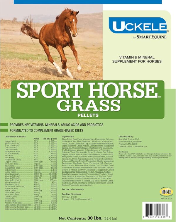 Uckele by SmartEquine Sport Grass Pellets | Horse Probiotics, Prebiotics, Vitamins & Minerals, Horse Vitamin E Supplement for Athlete Equines | Provides Amino Acids for Muscle Support | 30 lb Bag