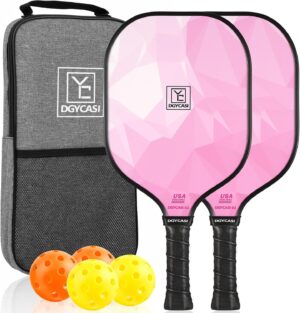 YC DGYCASI Pickleball Paddles Set of 2, 2025 USAPA Approved Fiberglass Pickleball Set, Lightweight Pickle Ball Rackets 2 Pack, 2 Outdoor Pickleball Balls, 2 Indoor Balls, 1 Bag, Pink