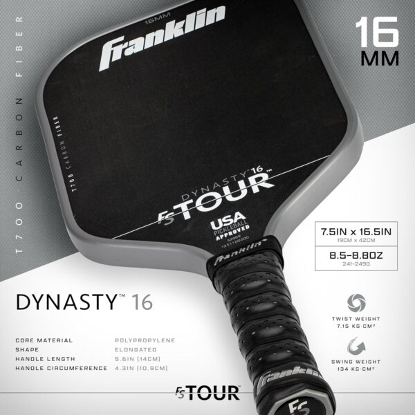 Franklin Sports Pro Pickleball Paddles - FS Tour Series Raw Carbon Fiber T700 - USA Pickleball Approved - Unibody Epoxy Resin Injected Edge - Dynasty + Tempo - 14mm/16mm Core - Gray, Blue + Pink