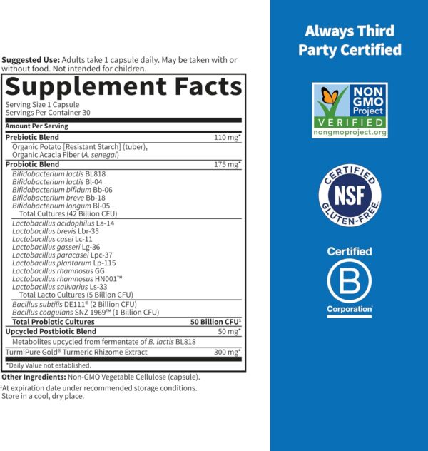 Garden of Life Dr Formulated Sport Probiotics Digestive Supplement, Organic Prebiotics for Women & Men Athletes, Clinically Studied Turmeric Curcumin, 50 Billion CFU, Gut Health, Acidophilus, 30ct