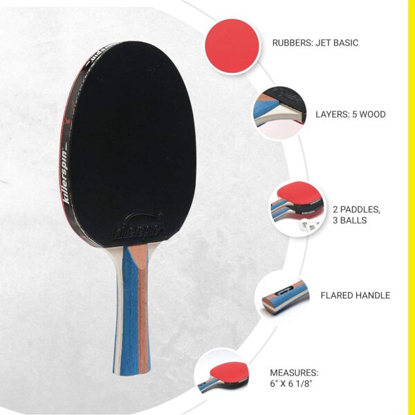 Killerspin Jet Set of 2 - Ping Pong Paddles Combo Package - Red & Black Table Tennis Rackets - 3 White Ping Pong Balls