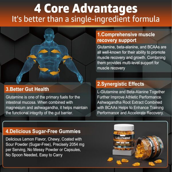 L-Glutamine 1000mg Exercise Gummies — Promotes Muscle Recovery and Growth, Enhances Performance. With Beta-Alanine, BCAAs, Magnesium Glycinate, Potassium, Sodium, Ashwagandha,Extra Chewy,2 PACK