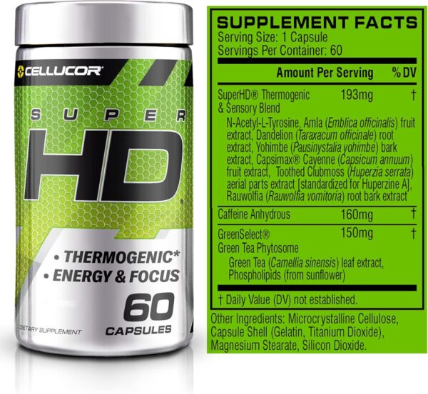 Cellucor SuperHD Thermogenic Fat Burner Weight Loss Supplement, Appetite Suppressant, & Energy Booster Capsimax, Green Tea Extract, 160mg Caffeine & More 60 Capsules (Packaging May Vary)