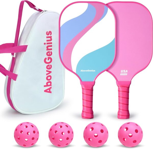 819afv87fWL._AC_SL1500_.jpg Pink Pickleball Paddles Set of 2, Cute Lightweight Fiberglass Surface Rackets, 2 Indoor and Outdoor Balls, 1 Carrying Bag, Pickleball Gifts for Women, Beginners