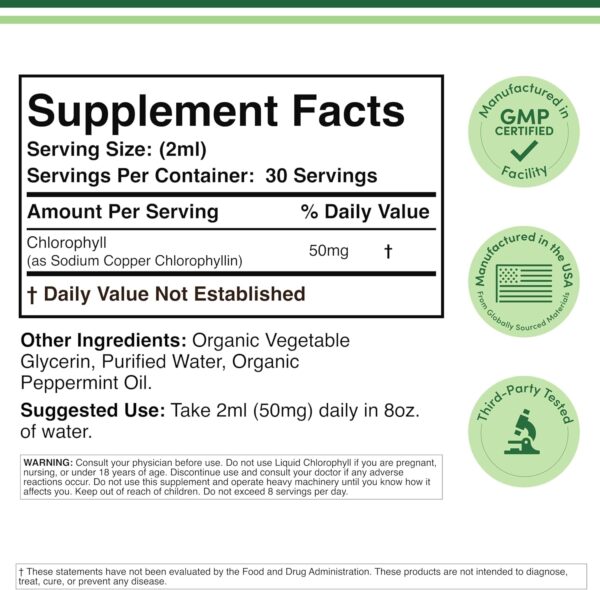 Chlorophyll Liquid Drops - Peppermint Flavored, Vegan Safe (Rich, Full Texture and Taste, Not Watered Down) for Skin Health, and Immune Function (Líquidas de Clorofila) by Double Wood