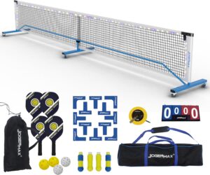 Portable Pickleball Net System with Lockable Wheels, Metal Frame Pickleball Court with LED Light, Regulation Size Net with Durable Carrying Bag, and 4 Pickleball Rackets.