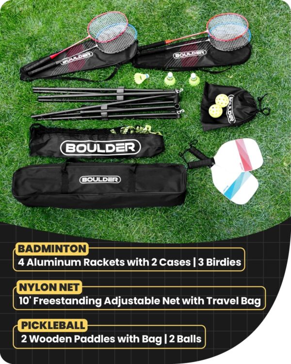 Boulder Sports All-in-One Pickleball & Badminton Set - Portable, Adjustable Net with Paddles & Rackets