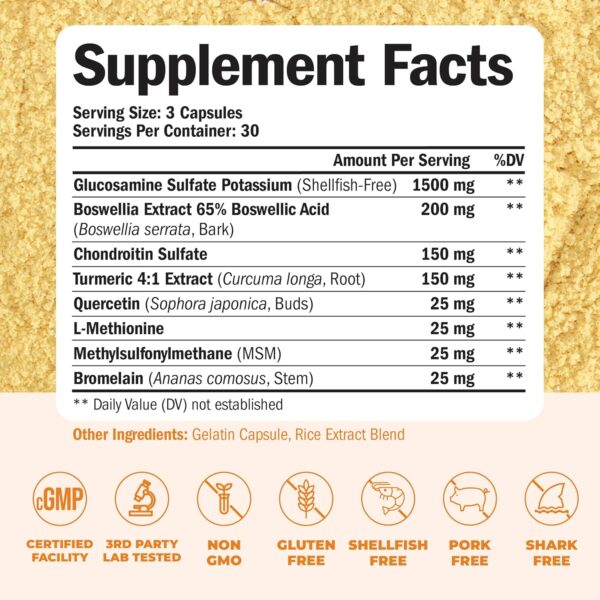 Glucosamine Chondroitin MSM and Turmeric Supplement - Joint Support Supplement for Women & Men with Boswellia & Glucosamine Sulfate 1500 mg. Used for Cartilage & Joint Health & Flexibility 90 Capsules