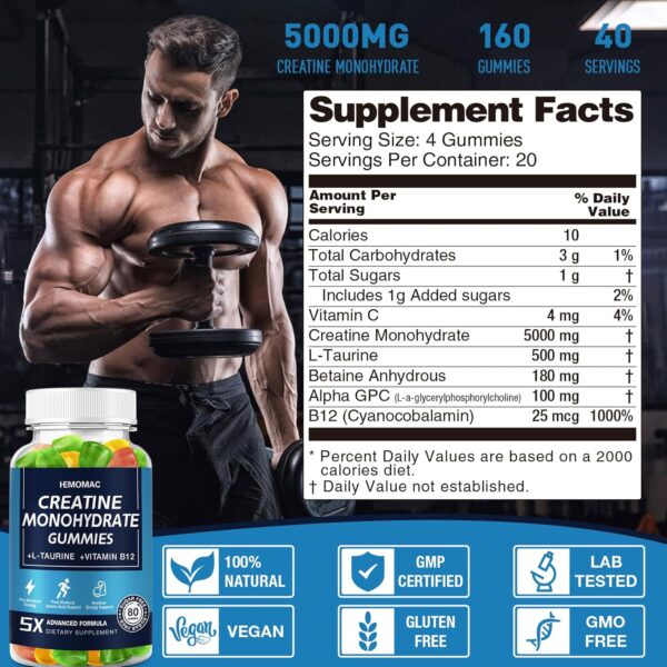 Creatine Monohydrate Gummies 5g for Men & Women, Creatine Gummy for Muscle Strength, Energy Boost, Workout Supplement, 3 Pack, Vegan