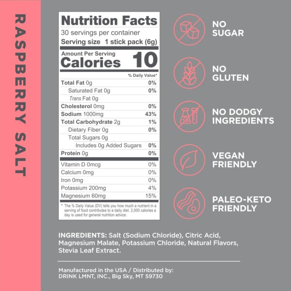 LMNT Zero Sugar Electrolytes - Raspberry Salt | Drink Mix | 30-Count