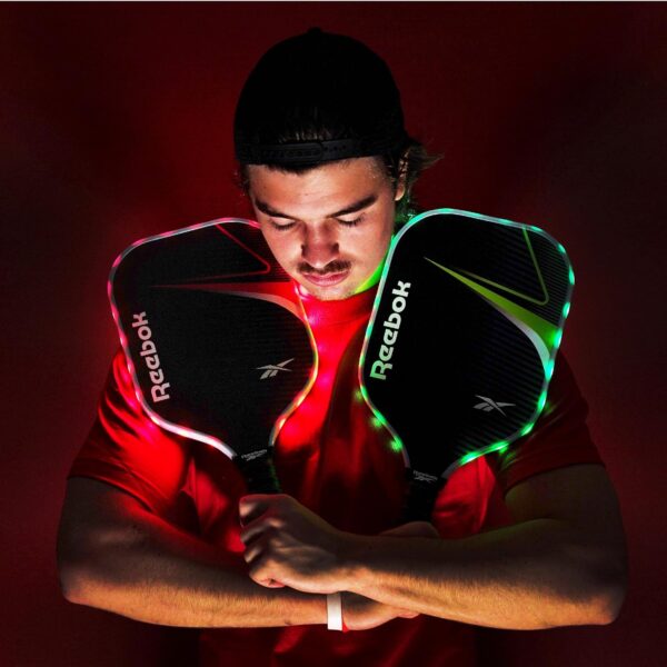 Reebok - LED Pickleball Set for 2, Includes 2 Fiberglass Paddles with 5" Cushion Grip and 2 Light-Up Balls, Perfect for Night Play (Red)
