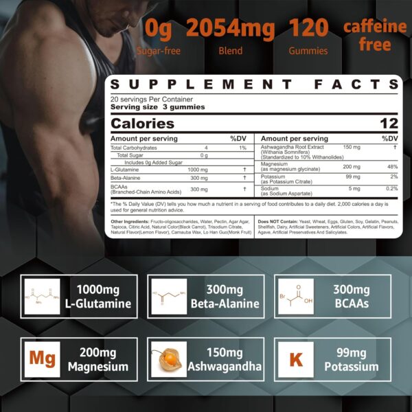 L-Glutamine 1000mg Exercise Gummies — Promotes Muscle Recovery and Growth, Enhances Performance. With Beta-Alanine, BCAAs, Magnesium Glycinate, Potassium, Sodium, Ashwagandha,Extra Chewy,2 PACK