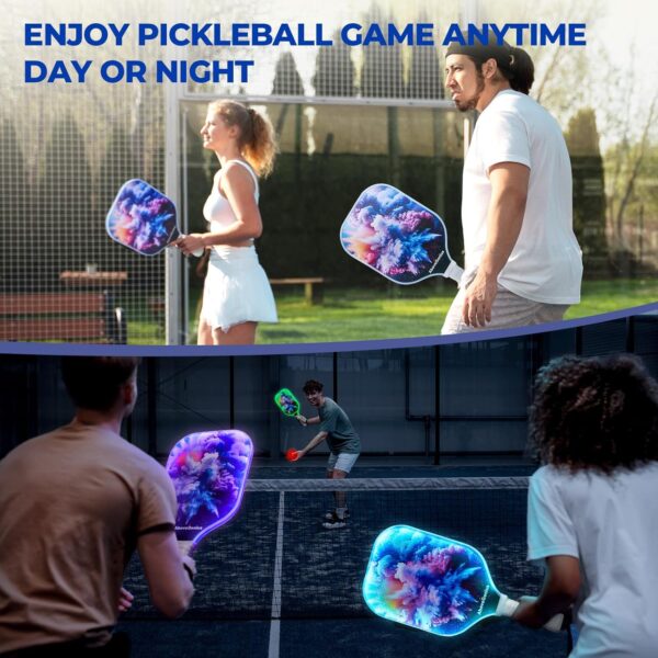 LED Light Up Pickleball Paddles Set of 2,2 Glow in The Dark Pickleball Paddles with Different RGB Color Lighting,2 Outdoor Balls,1 Carrying Bag,Pickleball Racket Gifts for Women Men