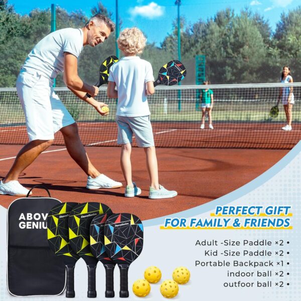 Family Pickleball Paddles Set of 4,Including 2 Kids Pickleball Paddles, 2 Adult Racket, 4 Balls, 1 Portable Carrying Bag, Sport Gifts for Kids, Women, Men, Beginner