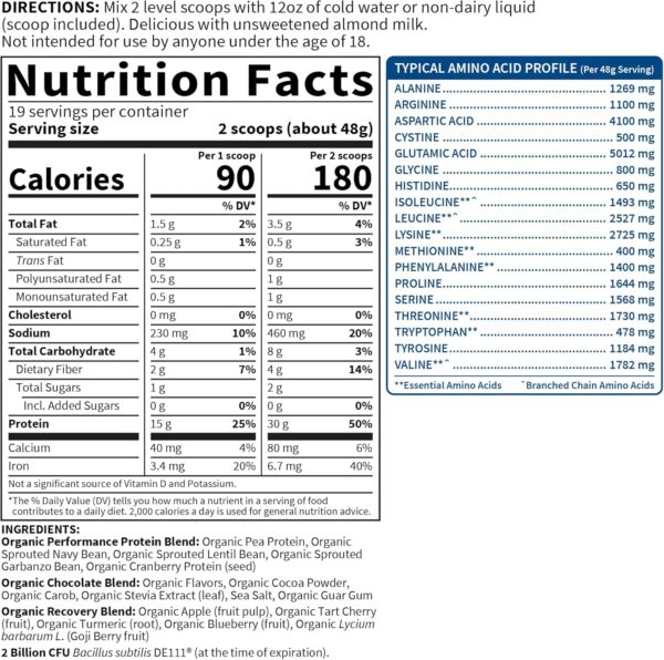 Organic Vegan Chocolate Protein Powder with Probiotics, BCAAs, 30g Plant Protein, NSF Certified, Gluten Free & Sport, Non GMO, Garden of Life Sport Protein Powder - 19 Servings