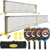Pickleball Net Set, Portable Pickleball Set w/Wheels, 11ft & 22ft Regulation Size Pickel Ball Net, Set of 4 Balls and Paddles, Heavy Duty Frame for Backyard Driveway Outdoor