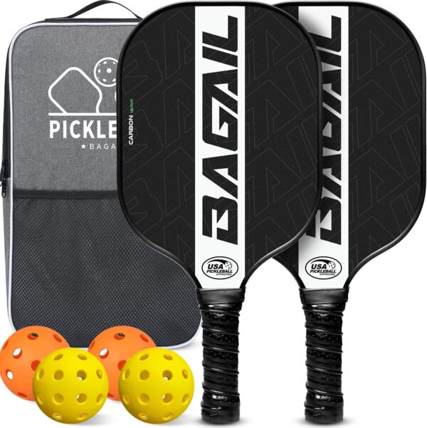BAGAIL Pickleball Paddles, USAPA Carbon Fiber Pickleball Sets, Lightweight Pickle Ball Rackets, Graphite Textured Surface, 16mm Honeycomb Core for Ultimate Spin and Control, Include 4 Balls and 1 Bag