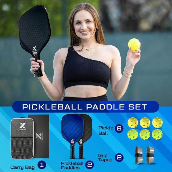 Pickleball Paddles Set of 2 - Carbon Fiber Pickle Ball Rackets 2 Pack with Polypropylene Honeycomb Core, 6 Pickle Ball Set & Bag - USAPA Approved T300 Graphite Pickleball Rackets Set for Men & Women