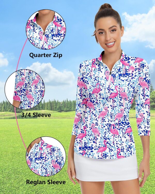 WOWENY Women's 3/4 Sleeve Athletic Golf Shirts Quarter Zip Pullover Collared T-Shirt Workout Print Tennis Top
