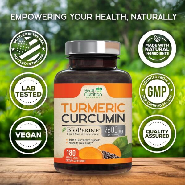 Turmeric Curcumin Supplement 2600mg with Black Pepper Extract 95% Curcuminoids - High Absorption Ultra Potent Turmeric Capsules with BioPerine, Nature's Tumeric Pills for Joint Support - 180 Capsules