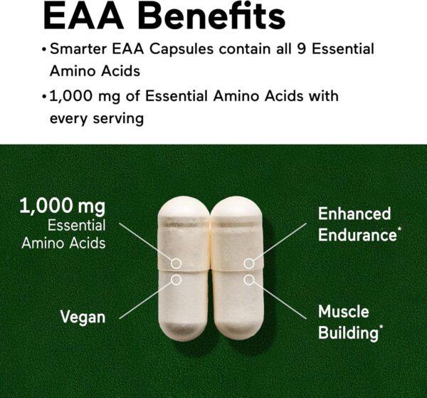 Smarter Nutrition Essential Amino Acids (EAA) Capsules - 1 Gram Per Serving of All 9 EAAs - Supports Muscle Mass & Exercise - Non-GMO, Vegan, Gluten Free - 180 Count[90-Day Supply]