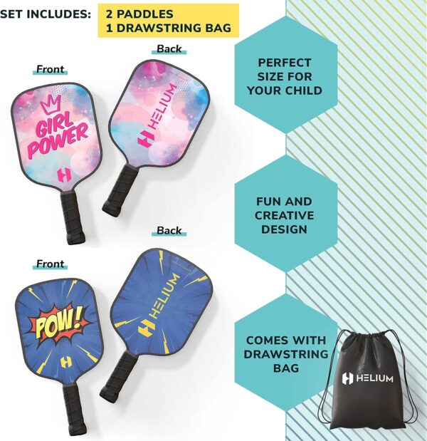 Helium Pickleball Paddle for Kids – (2 Pack - POW! and Girl Power) Child Size, Lightweight Honeycomb Core, Graphite Strike Face, Premium Comfort Grip, 2 Pickleball Paddles & 2 Drawstring Bags