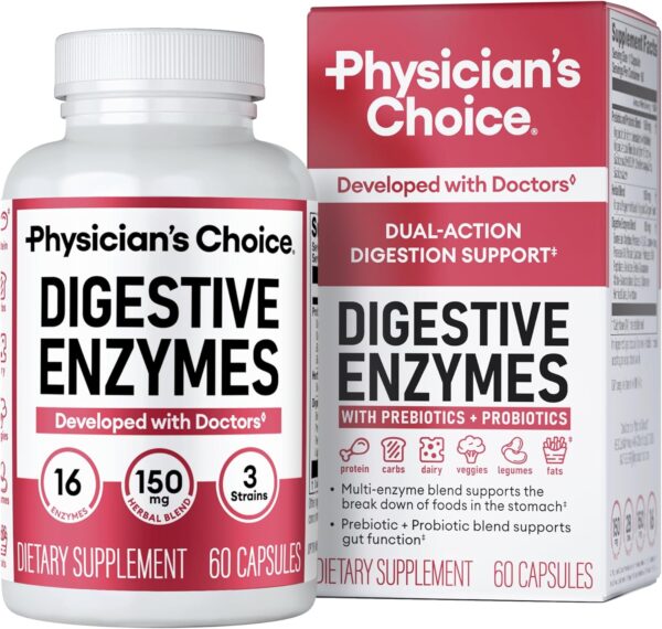 Physician's CHOICE Digestive Enzymes - Multi Enzymes, Organic Prebiotics & Probiotics for Digestive Health & Gut Health - Meal Time Discomfort Relief & Bloating - Dual Action Approach - 60 CT