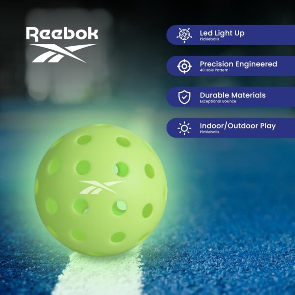 Reebok - LED Pickleball Set for 2, Includes 2 Fiberglass Paddles with 5" Cushion Grip and 2 Light-Up Balls, Perfect for Night Play (Red)
