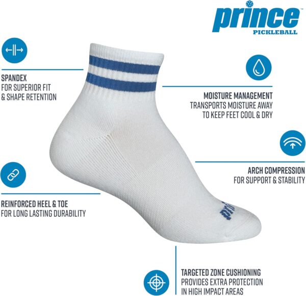 Prince Comfortable Moisture-Wicking Pickleball Ankle 3 Pack Socks- Size Medium-Women & Men