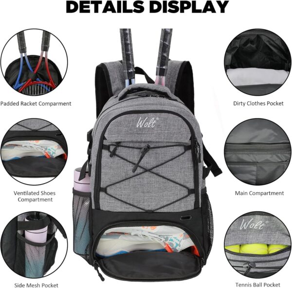 WOLT Tennis Bag - Large Tennis Racket Backpack for Men & Women - Ventilated Shoe Compartment - Holds 2 Rackets